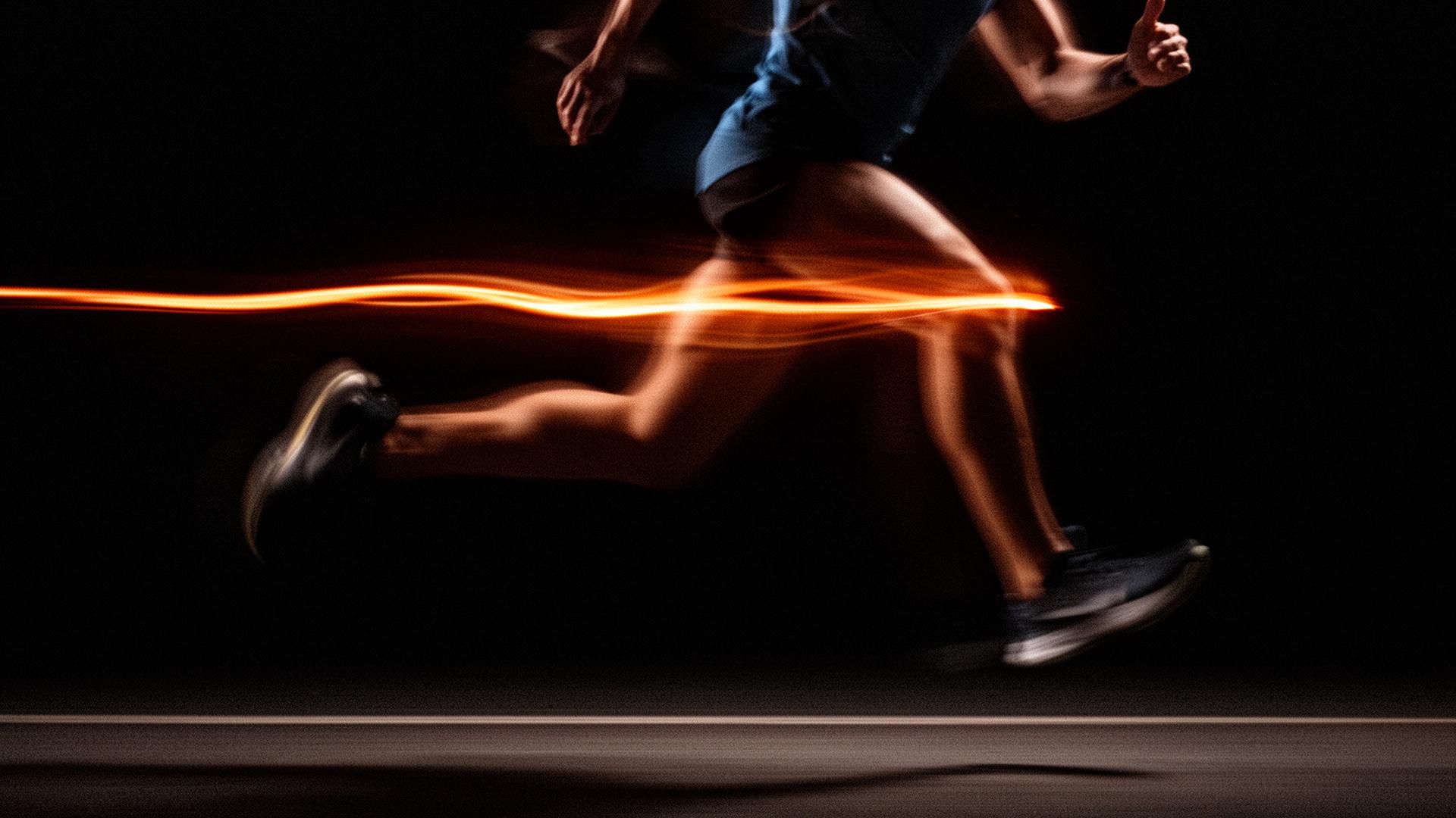 A runner mid-stride with an ember light trail